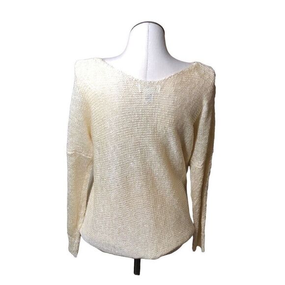 Ces Femme Womens Sweater M Ballet Neck Open Weave Shimmer Ivory Mini Bell Sleeve - Picture 2 of 8